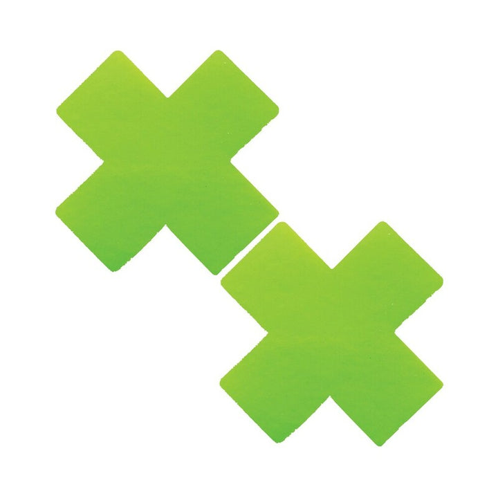 Pair of neon green UV wet vinyl X-shaped nipple pasties with a smooth, glossy finish.
