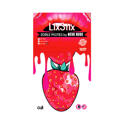 Packaging of Neva Nude LixStix edible strawberry-shaped nipple pasties with vanilla flavor, gluten, soy, and nut-free.
