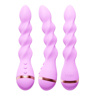 Three views of the VUSH Siren Twist Vibrator in soft pink silicone with a twisted design and rose gold accent band.