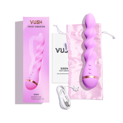 VUSH Siren Twist Vibrator in lavender with packaging, satin storage pouch, USB charging cable, and instruction manual.