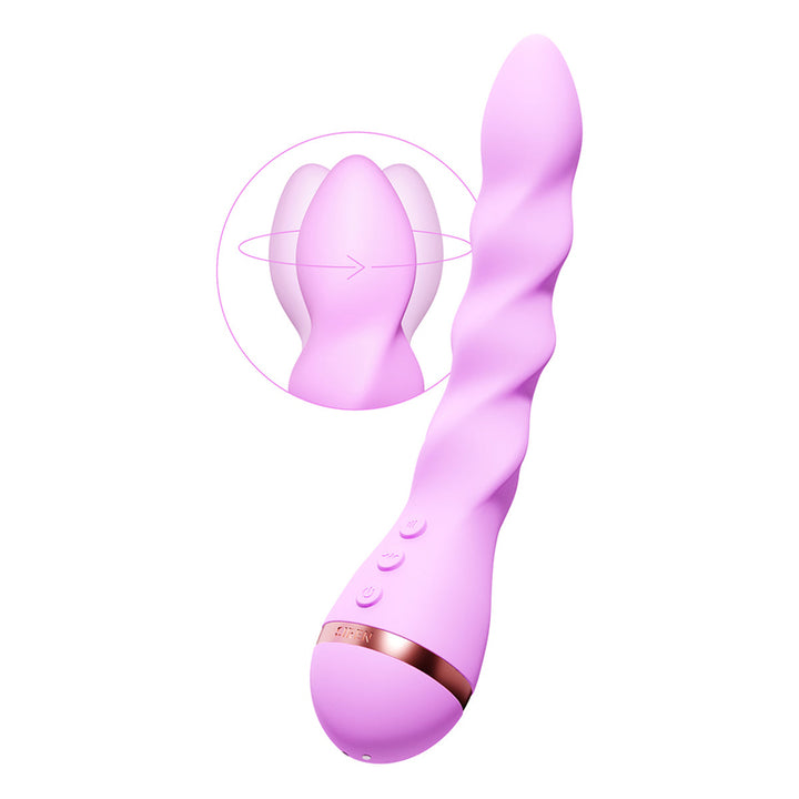 Pink silicone VUSH Siren Twist Vibrator with spiral design and control buttons, featuring a rotating tip for varied stimulation.