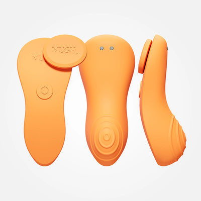 Orange VUSH Luna wearable vibrator shown from front, back, and side views with ribbed texture and power button.