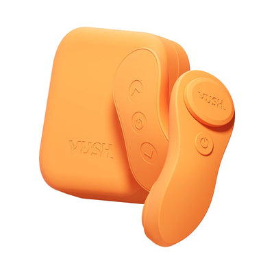 Orange VUSH Luna wearable vibrator with remote control and compact charging case on white background.
