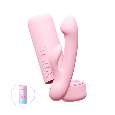 Pink VUSH Glow Rabbit Vibrator with dual stimulation design and matching pink storage case on white background.