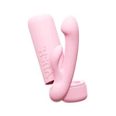 Pink VUSH Glow Rabbit Vibrator with dual stimulation design and matching protective case on white background.