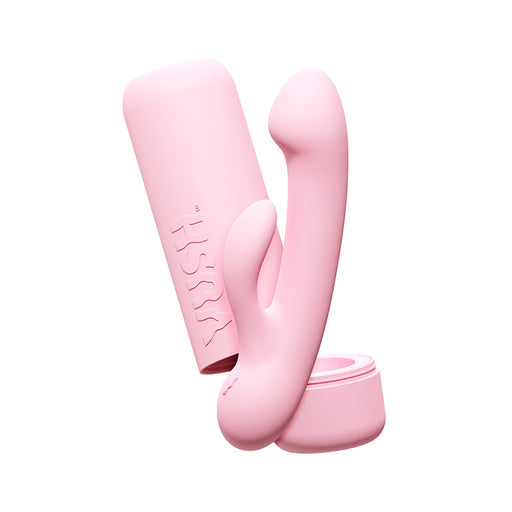 Pink dual-stimulation VUSH Glow Rabbit Vibrator with sleek storage case on white background.