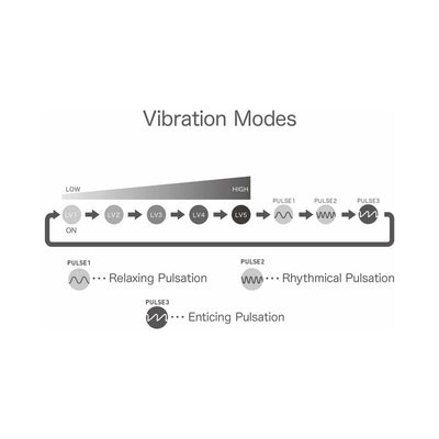 Diagram showing iroha+ KUSHI Renewal vibration modes from low to high intensity with three pulsation patterns: relaxing, rhythmical, and enticing.