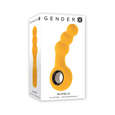 Packaging box showing the yellow Gender X Bumble rechargeable silicone vibrating plug with ringed handle and bulbous shaft design.