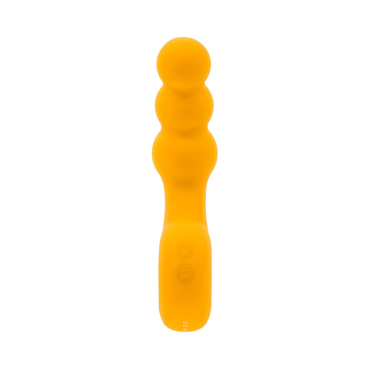 Yellow silicone vibrating plug with a ringed handle and three rounded bulbs, USB rechargeable and waterproof design.