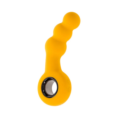 Yellow silicone vibrating plug with ringed handle and three bulb-shaped sections, designed for easy grip and flexible use.