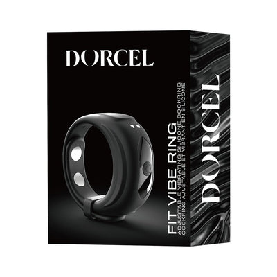 Dorcel Fit Vibe Ring in black silicone with adjustable design shown on sleek black packaging.