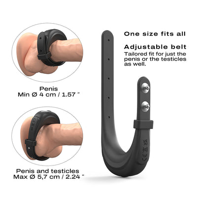 Black adjustable Dorcel Fit Vibe Ring with belt and dual-pin closure, shown worn on penis and testicles for tailored fit.