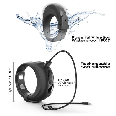 Black Dorcel Fit Vibe Ring with USB charging cable, waterproof design, and 10 vibration modes shown with water splash.