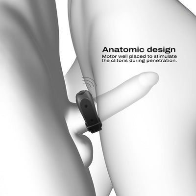 Illustration showing the Dorcel Fit Vibe Ring's anatomic design with motor positioned for clitoral stimulation during penetration.