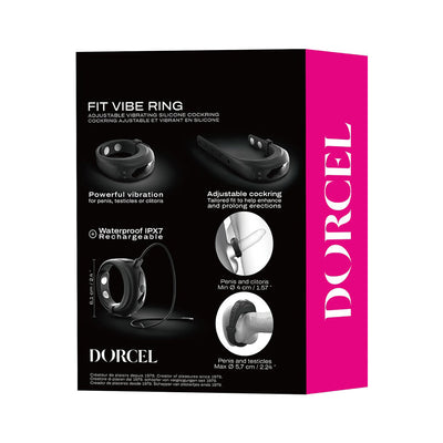 Dorcel Fit Vibe Ring packaging showing adjustable black silicone vibrating ring with USB charger and usage illustrations.
