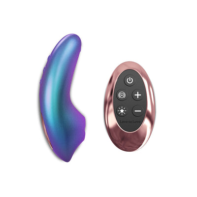 Iridescent berry curved intimate massager with a rose gold remote control featuring multiple function buttons.