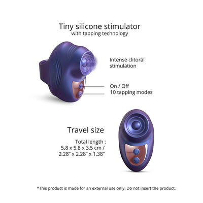 Compact purple silicone finger stimulator with tapping technology, 10 modes, travel size, and easy on/off buttons.