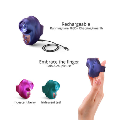 Rechargeable finger-worn personal massager in iridescent colors with USB charging cable and ergonomic design for solo or couple use.
