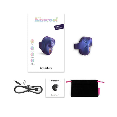 Love To Love Kisscool tiny purple finger stimulator with USB charging cable, user manual, and black storage pouch.