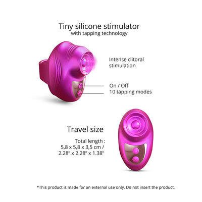 Compact purple silicone stimulator with tapping technology, 10 modes, travel size, and easy on/off buttons.