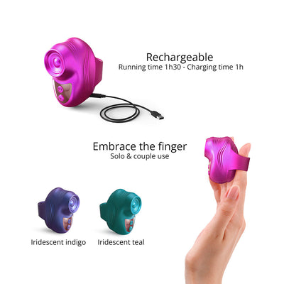 Rechargeable Love To Love Kisscool finger vibrator in iridescent pink, indigo, and teal with USB charging cable and finger strap.