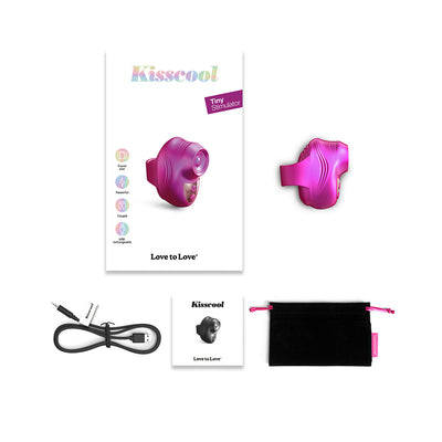 Love To Love Kisscool tiny purple finger stimulator with USB charging cable, user manual, and black storage pouch.
