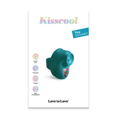 Compact teal Love To Love Kisscool finger vibrator with control buttons, travel size, USB rechargeable, designed for couples.