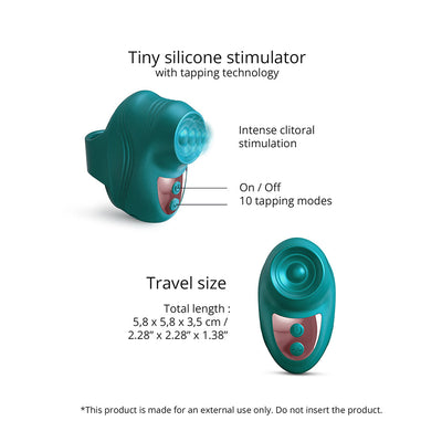 Compact teal silicone finger stimulator with tapping technology, 10 modes, travel size, and easy on/off buttons.