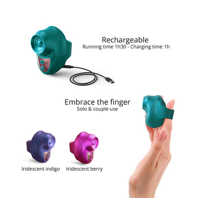 Rechargeable Love To Love Kisscool finger vibrator in teal, indigo, and berry colors shown with USB charging cable and worn on finger.