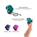 Rechargeable Love To Love Kisscool finger vibrator in teal, indigo, and berry colors shown with USB charging cable and worn on finger.