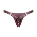 Aubergine leatherette strap-on harness with adjustable gold-tone buckles and a black double stretch silicone ring.