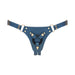 Blue leatherette strap-on harness with adjustable gold-tone buckles and silicone ring centerpiece.