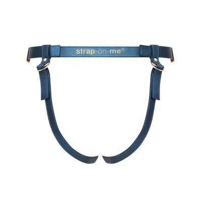 Blue leatherette adjustable strap-on harness with gold hardware and branded waist strap.