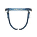 Blue leatherette adjustable strap-on harness with gold hardware and branded waist strap.