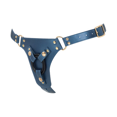 Blue leatherette adjustable strap-on harness with gold-tone hardware and black silicone ring.