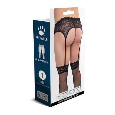 Packaging of Prowler Lace Garter Set in black XXLarge showing lace garter belt and stockings on model from the back.