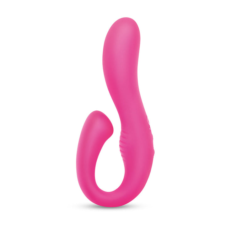 Pink silicone couples vibrator with dual curved arms for versatile stimulation, designed for comfort and ease of use.