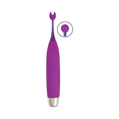 Purple Goddess On The Spot Massager with interchangeable rounded and split silicone tips and silver base.