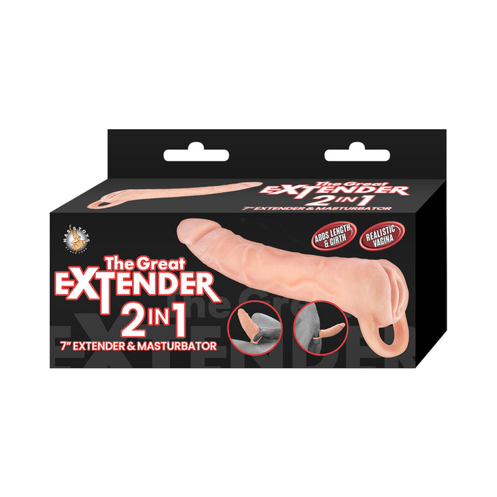 Packaging of The Great Extender 2 in 1 7-inch white extender and masturbator with realistic design and secure ball strap.