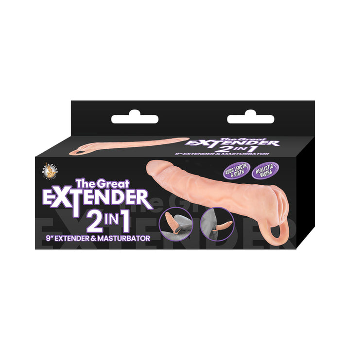 Packaging box of The Great Extender 2 in 1 9-inch white extender and masturbator with product image and features.