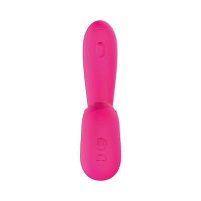 Bright pink Blaze Suction Thumper Vibe with ergonomic curved design and dual control buttons on handle.