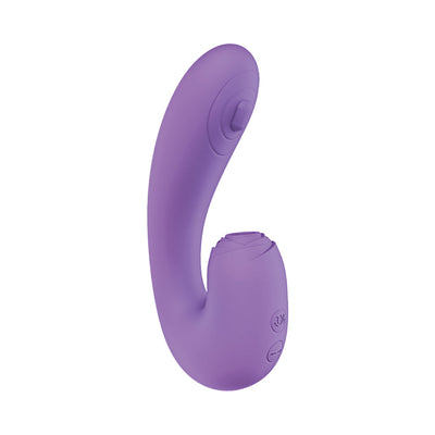 Purple silicone Blaze Suction Thumper Vibe with curved design and dual motors for targeted clitoral and G-spot stimulation.