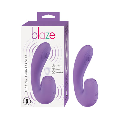 Purple Blaze Suction Thumper Vibe with ergonomic curved design and packaging showing 10 functions and dual motors.