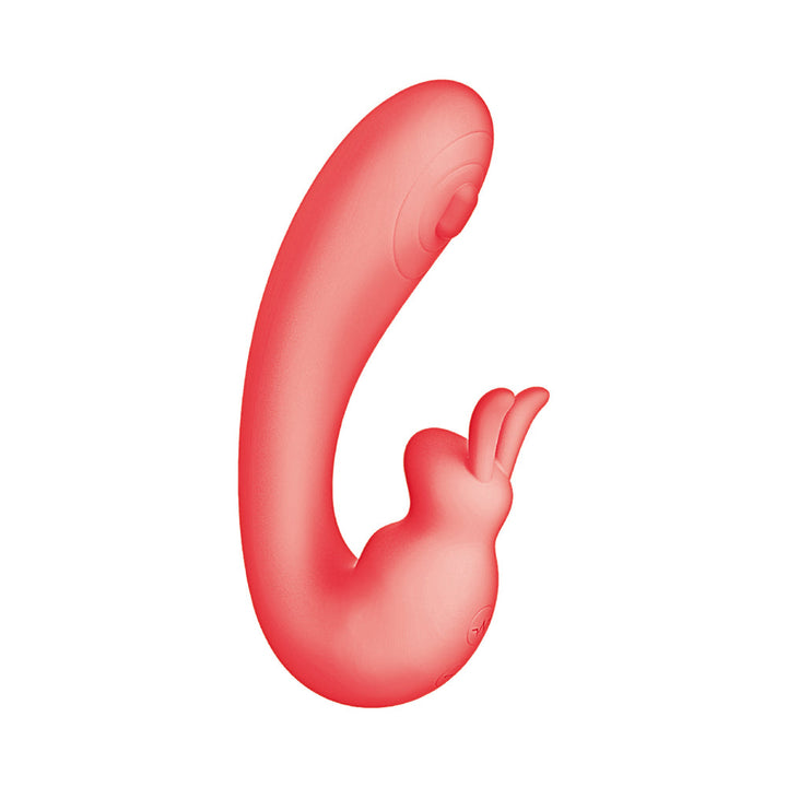 Coral pink Blaze Bunny Thumper Vibe with curved shaft and bunny-shaped external stimulator ears.