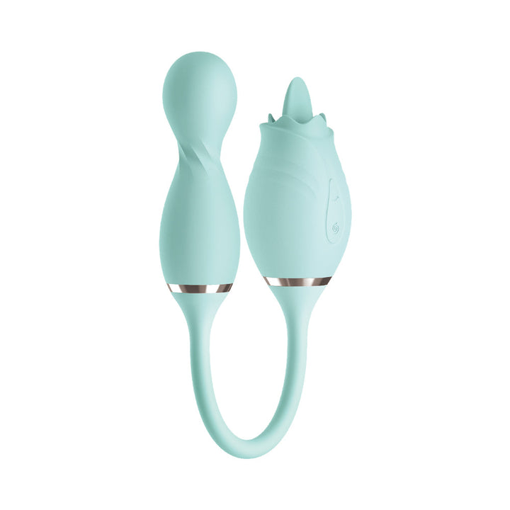 Light blue dual stimulator with ergonomic shapes and flexible silicone design for targeted clitoral and G-spot pleasure.