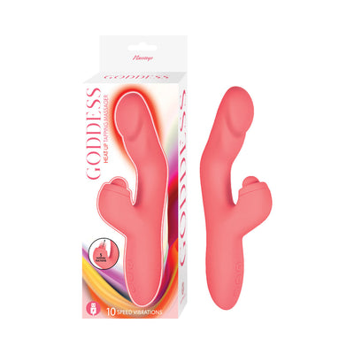Pink dual-stimulator Goddess Heat Up Tapping Massager with ergonomic design and control buttons shown with packaging.