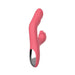 Pink dual-stimulation silicone massager with curved internal arm and external tapping stimulator, featuring ergonomic handle.
