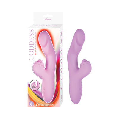 Purple dual-stimulation Goddess Heat Up Tapping Massager with ergonomic curves and control buttons next to its colorful packaging box.