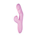Pink dual-stimulation silicone massager with curved design and three control buttons on the handle.