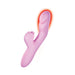 Pink dual-stimulation massager with ergonomic curves and heating function highlighted in red glow.